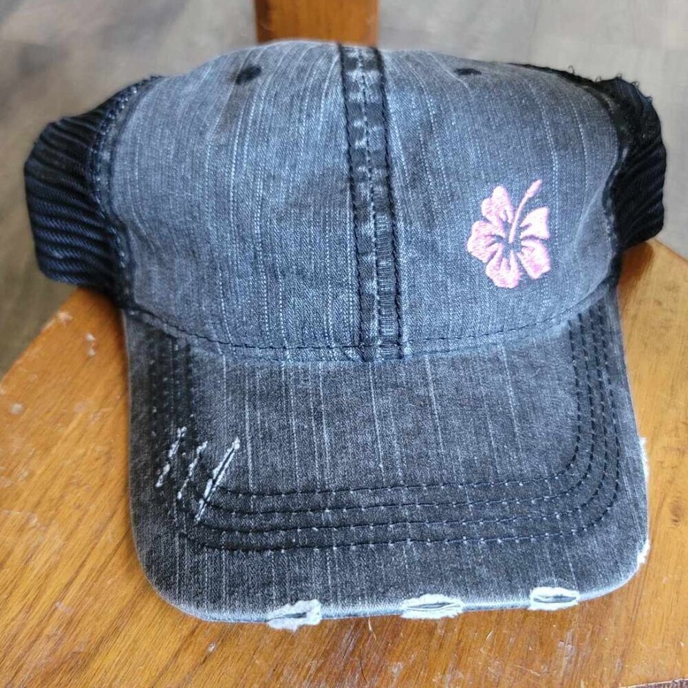 Distressed embroidered hat with embroidered Hibiscus flower with ponytail hole